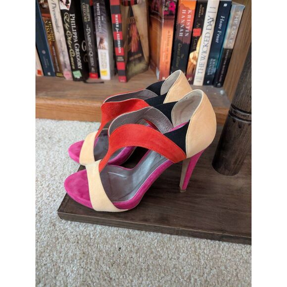 Joan Oloff Women's 38.5 US 8.5 Pink Red Peep Open Toe Pumps Heels Leather Italy - Picture 3 of 6